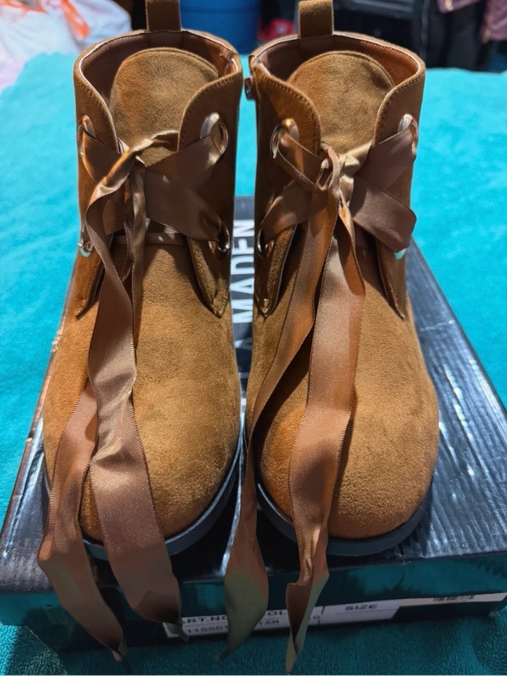 Tan Suede Ankle Boots with Satin Ribbon Laces